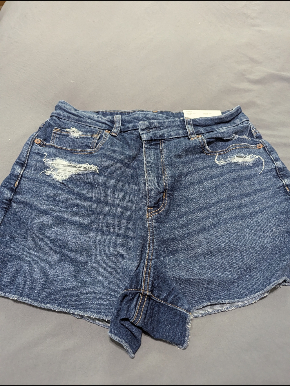 High-Rise Dark Blue Distressed Denim Shorts